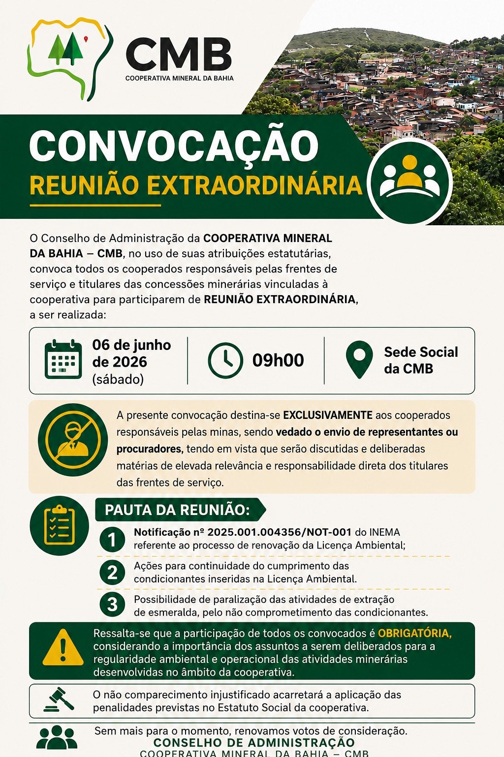 COOPERATIVA MINERAL DA BAHIA – CMBCONVOCAÇÃO PARA REUNIÃO EXTRAORDINÁRIA